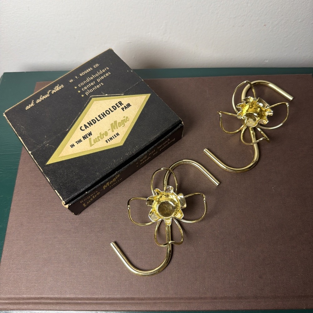 Vintage W.T. Rogers Gold Flower Lustro Magic Candle Holders MCM‎ Boxed